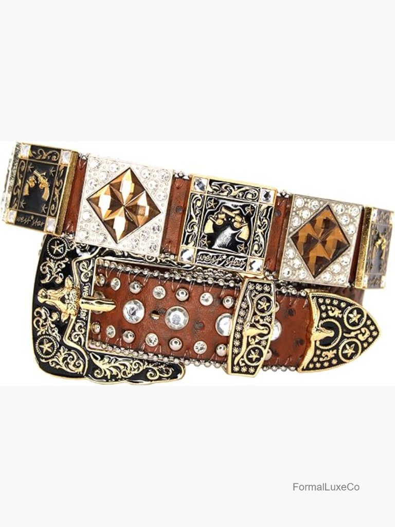 Genuine Leather Rhinestone Belt - Western Style Crystal Studs Unisex